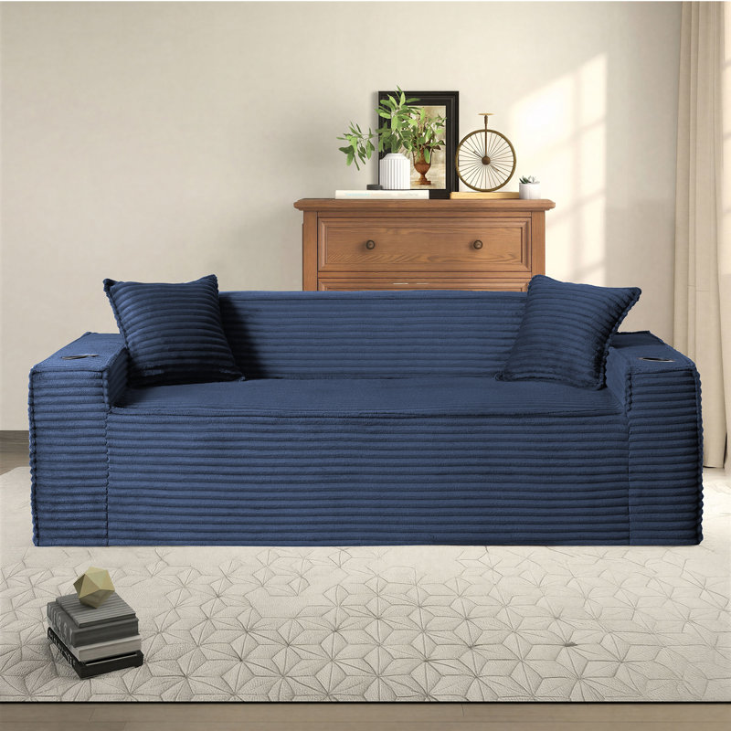 Boneless 80" Loveseat Sofa with Deep Seat – Spacious Corduroy Compression Cloud Couch for Bedroom, Dorm, Apartment, Blue