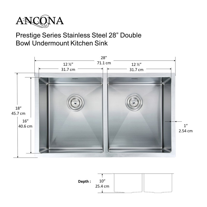 Prestige Series 28'' Stainless Steel Double Bowl Kitchen Sink