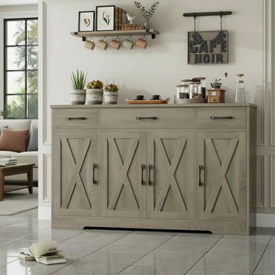 Buffet de 55,13 pouces de style campagnard moderne avec tiroirs, tablettes et portes d'armoire, blanc grisâtre, convenant à la cuisine, à la salle à manger et au café-bar.