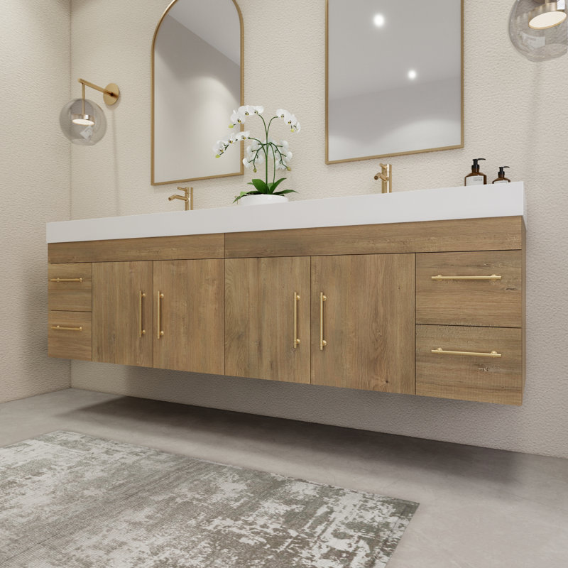 83.4" Wall-Mounted Double Bathroom Vanity Set, Oak