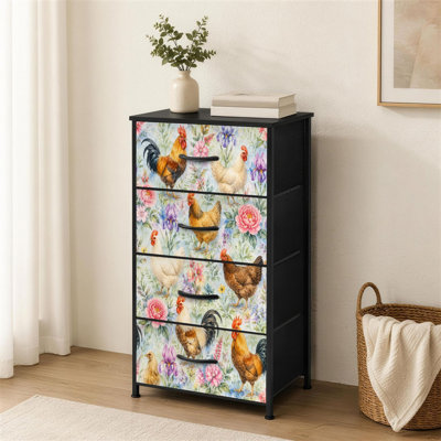 Commode 4 tiroirs pour la chambre à coucher Aquarelle coqs, poulets, petite commode à vêtements grande taille pour organisateurs de placard avec commode