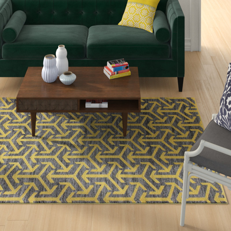 Tapis jaune/gris handwoven à tissage plat Schott, Rectangle 5 pi x 7 pi 6 po