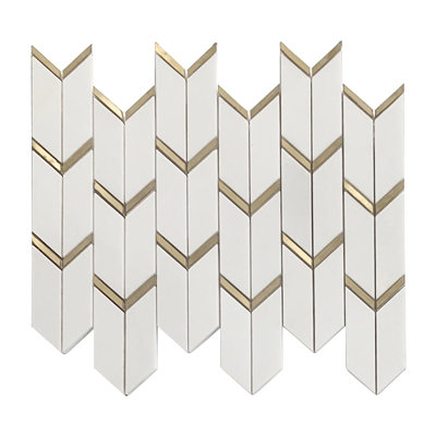 Carrelage mural mosaïque en marbre dolomite blanc avec flèche en laiton doré 14 po x 12 po (1,17 pi2 / pièce)