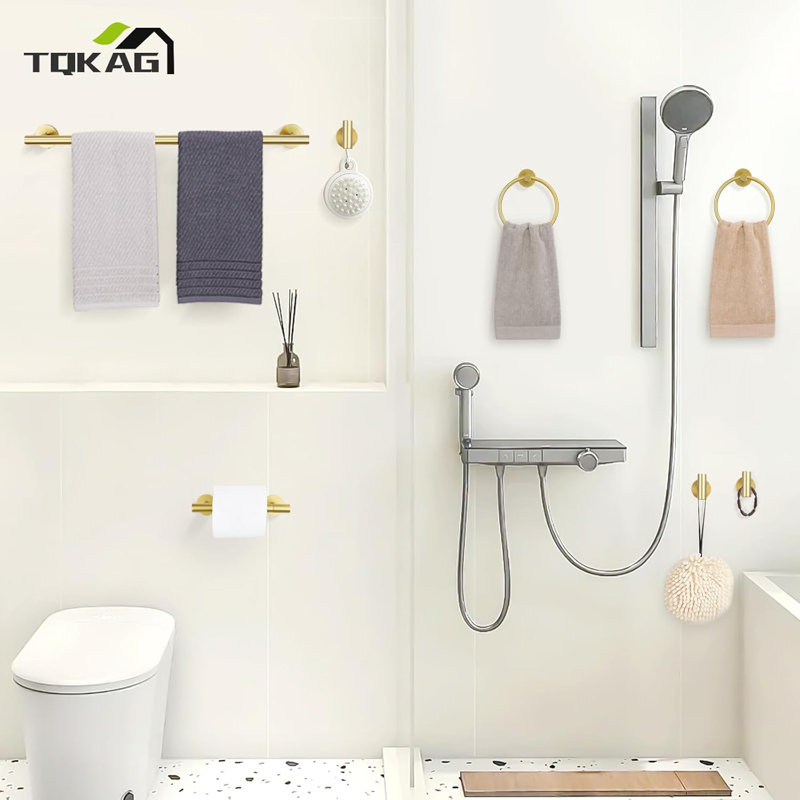 8-Piece Bathroom Hardware Set SUS304 Stainless Steel Wall Mounted Towel Bar Toilet Paper Holder And Hooks, Brushed Gold