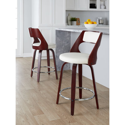 Pino 24" Mid-Century Modern Fixed-Height Counter Stool With Swivel In Mahogany Wood And White Faux Leather With Round Chrome Metal Footrest - Set Of 2