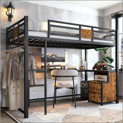 Loft Bed With Desk And Storage Non-Woven Fabric Drawers, Metal Loft Bed Frame With Ladders, Nosie-Free And No Spring Box Needed