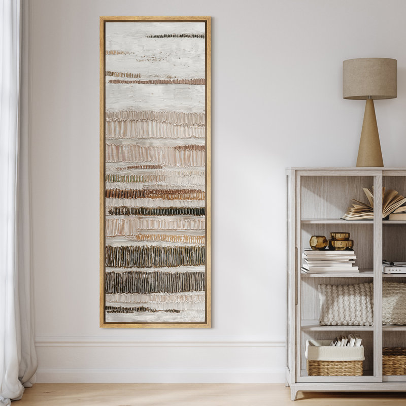 Neutral Horizontal Stripes in Beige and Brown - Large Framed Canvas Master Bedroom Wall Art Print, Natural