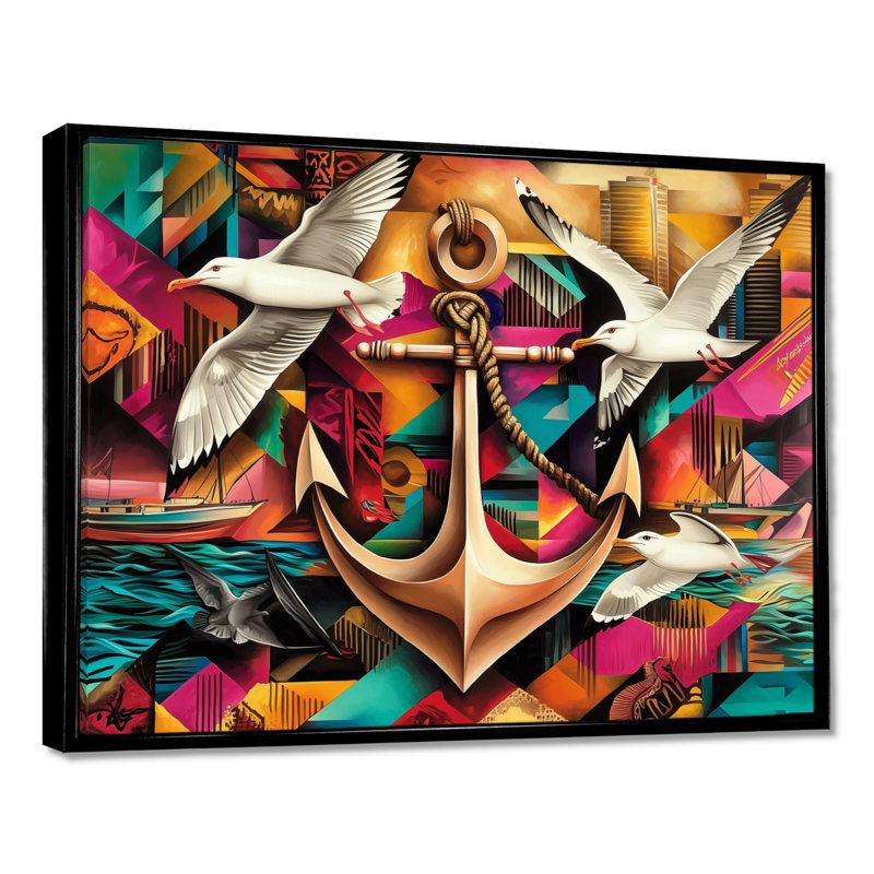 Ancre et mouettes en vol - art mural côtier, H 24 po x l 32 po, Impression dans un cadre flottant sans passe-parto, Noir