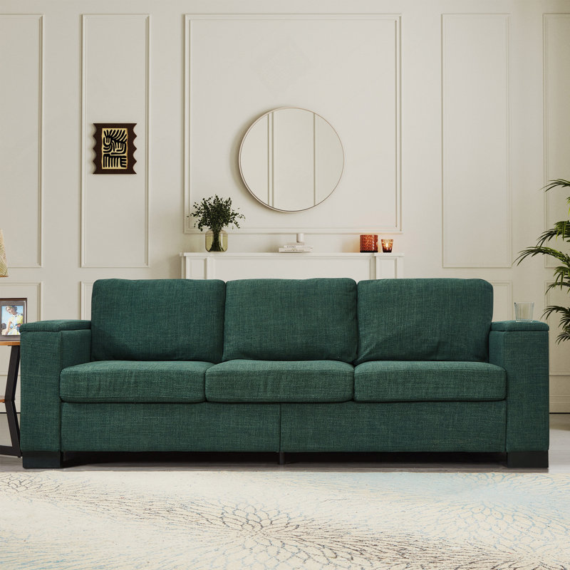 Canapé de salon 93,7 po en tissu de style moderne, canapé à accoudoirs carrés avec porte-gobelet, canapé de rangement, revêtement en polyester vert.