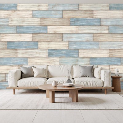 Papier peint adhésif à peler et coller en bois patiné bleu clair effet bois patiné H 69 po x l 96 po, papier peint amovible en PVC pour chambre à coucher, bureau à domicile