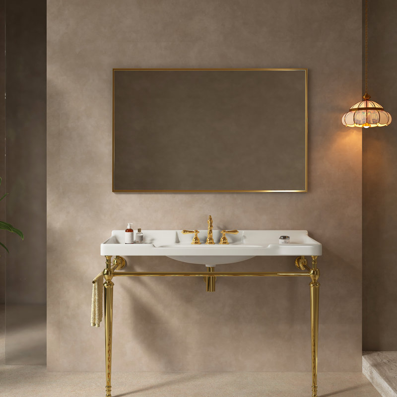 Lavabo de console de salle de bain 48 po, meuble-lavabo mural en céramique blanc avec 3 trous de robinet, support en acier inoxydable, couleur or et meuble-lavabo Scratch, haute performance