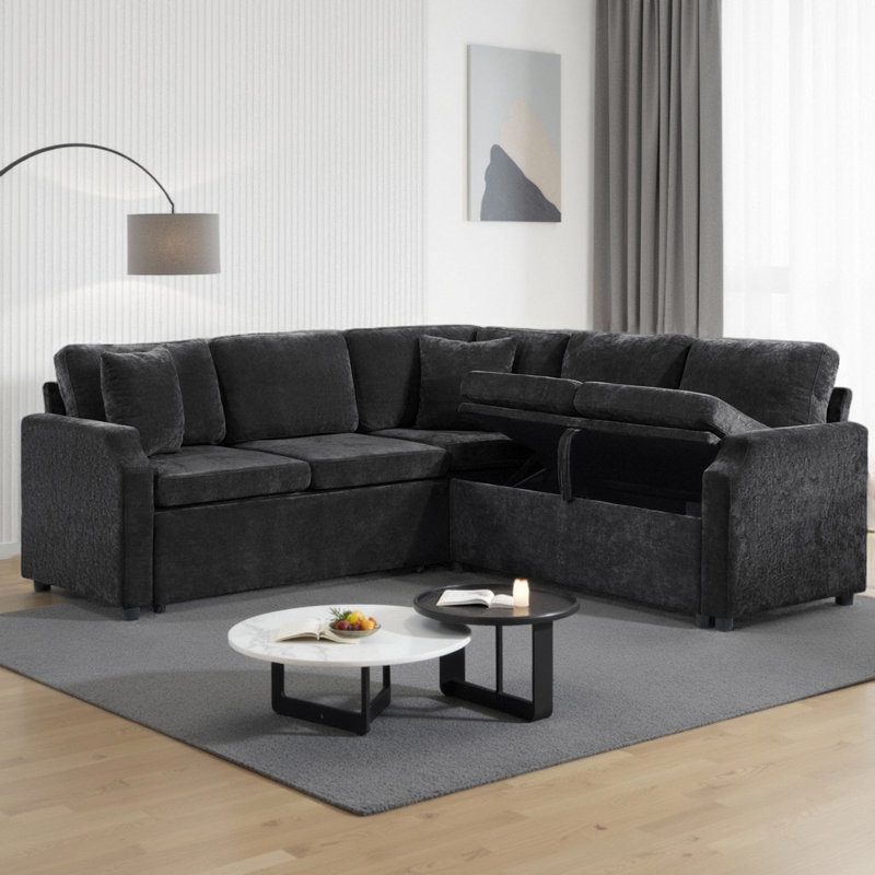 81.9" L-Shaped Sectional Sofa Bed with Storage – Chenille Upholstered Convertible Sleeper, 4-Seat Modular Couch with Hidden Compartment & Throw Pillows for Living Room