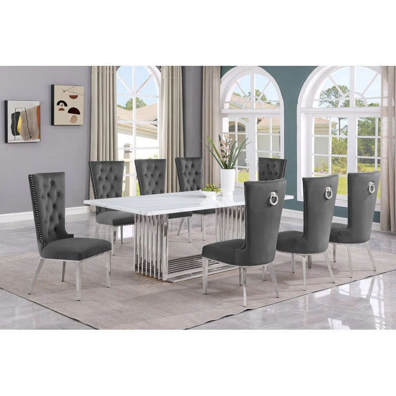 Barkhamsted Marble Top Pedestal Dining Set, 9, Grey/Silver, Silver