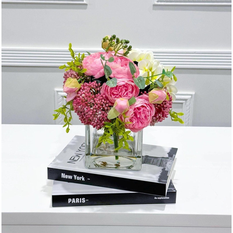 Sweet Pink Peonies, Hydrangea & Pink Berries Artificial Faux Stems – Elegant Lifelike Floral Stems For Home Décor