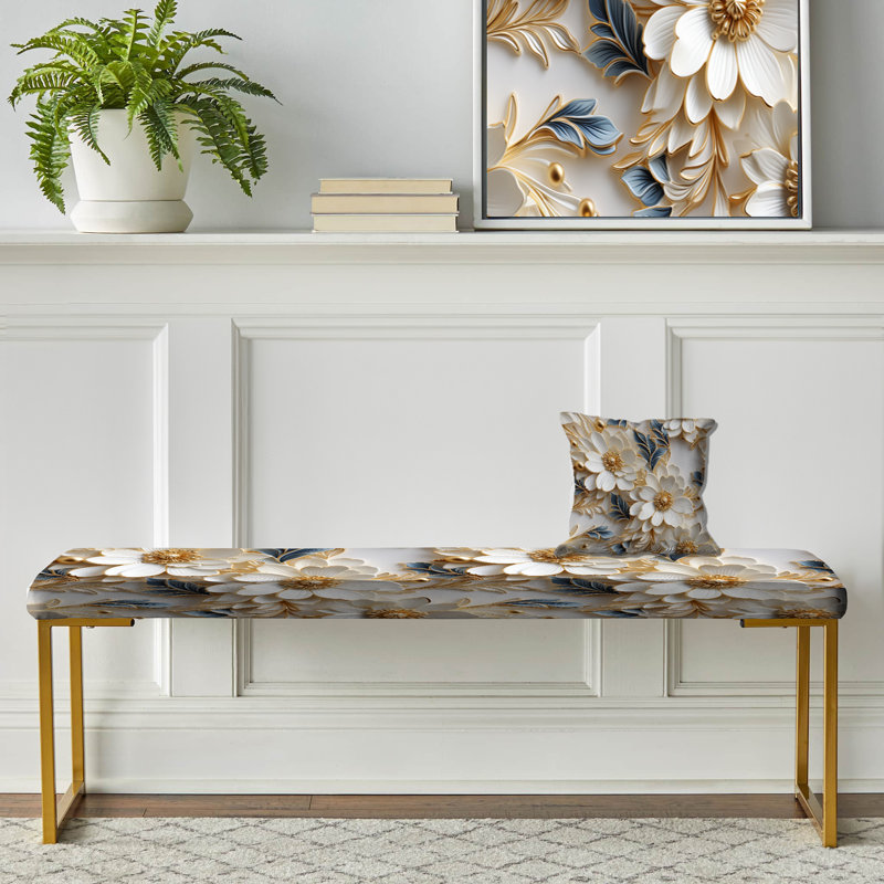 Banc floral rembourré or, Or blanc, fleurs bleues et élégance