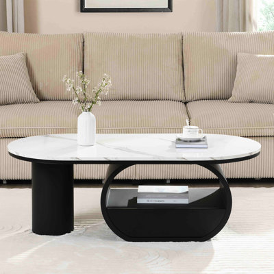 47.26'', Modern Oval Coffee Table, Faux Marble Top, Storage Drawer, Black Metal Frame, Living Room, , Adjustable Feet Luxury 47.26'' Table With Surface And Function, For Area, Structure Easy Setup