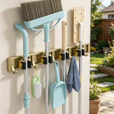 Wall Mounted Broom Holder And Mop Organizer With Adjustable Racks And Hooks For Garage, Kitchen, And Utility Room Storage
