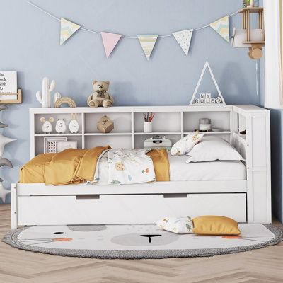 Wooden Full Size DayBed with Twin Size Trundle, DayBed with Storage Shelf and USB Charging Ports,White
