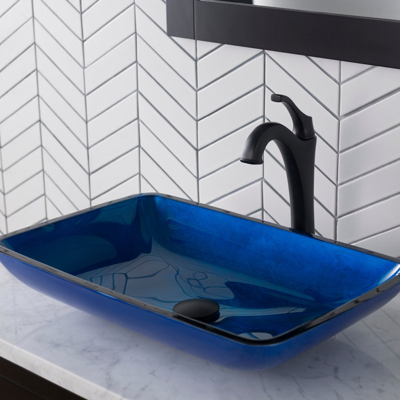 Glass Rectangular Vessel Bathroom Sink with Faucet, Matte Black, Blue