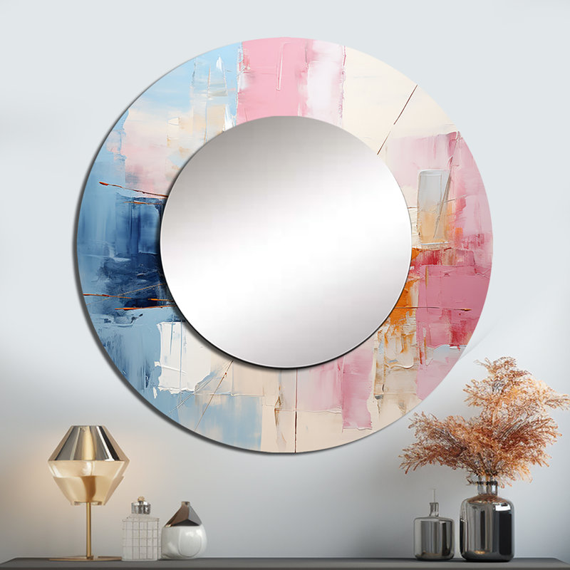 Argonia abstrait patchwork IV - grand miroir de collages abstraits, décor de miroir mural rond bleu sarcelle, impression d'art en métal