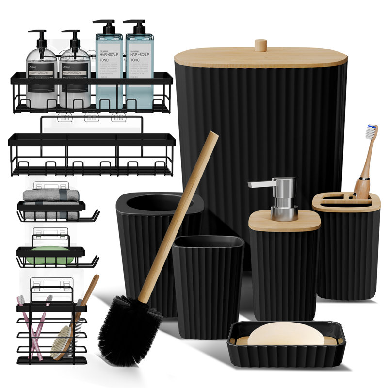Complete 11 Piece Bathroom Accessory Set with Bamboo Accents, Trash Can, Toilet Brush & 5 Shower Caddies Included, Black