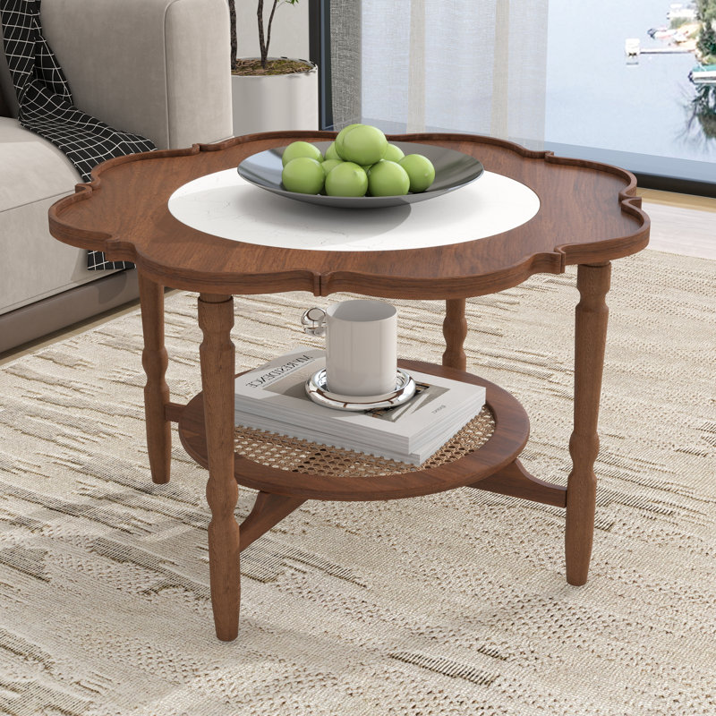 Table basse à 2 niveaux, table d'appoint Mid-Century avec tablette en rotin