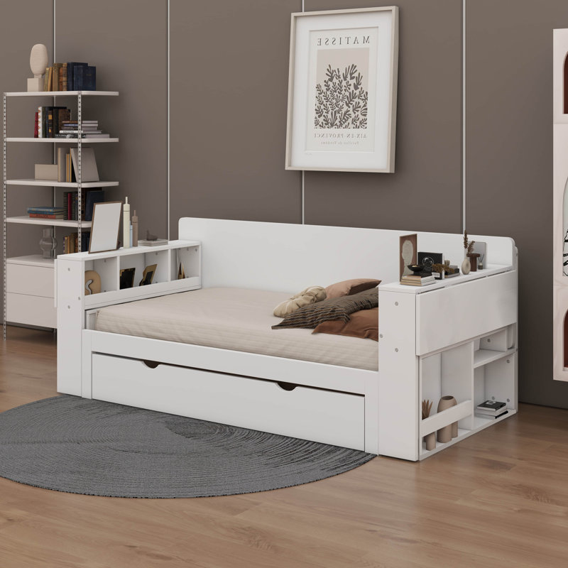 Grand lit de jour avec bureau amovible, tiroirs de rangement et table d'appoint hydraulique, Blanc, Grand lit