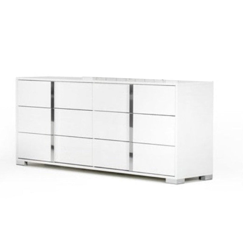 Grande commode Suni, bois blanc brillant avec finition UV, 6 tiroirs, Chrome