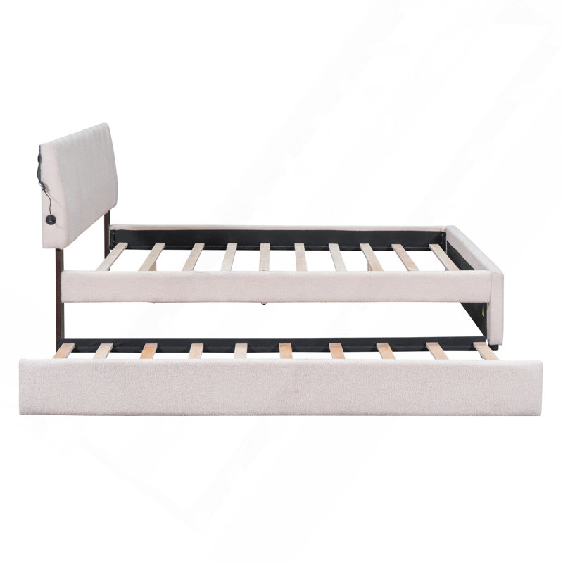 Lit plateforme tapissier grand avec lit gigogne simple Teddy