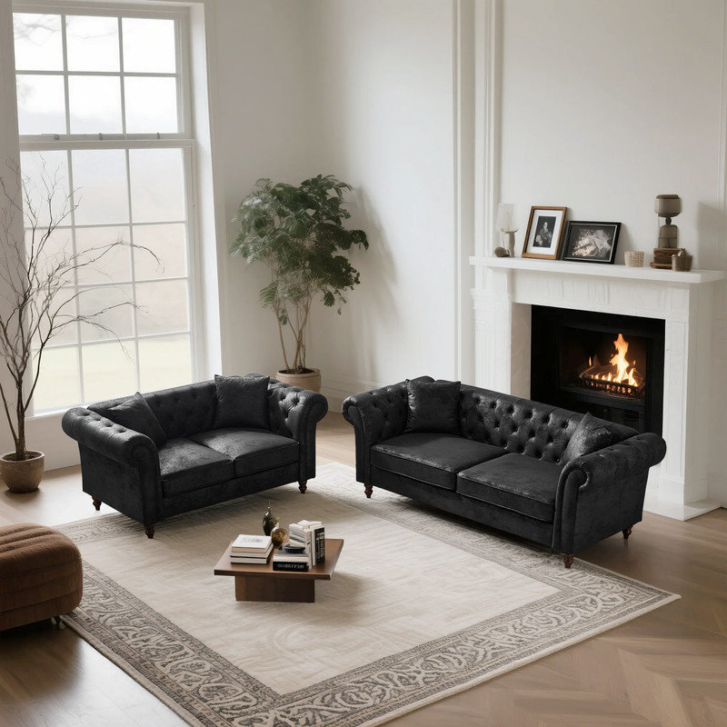 Ensemble de canapé chesterfield Mid-Century, Noir