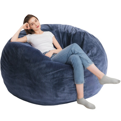 Très grand fauteuil à billes pour adultes - Méridienne géante de 5 pi, housse amovible protégée par la jeunesse et fermeture à glissière verrouillable, canapé rond en velours côtelé pour le salon, la chambre à coucher et les jeux, bleu marine