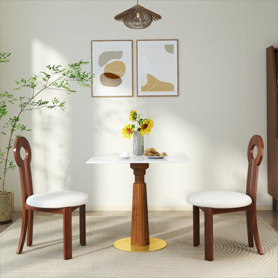 Modern Square Dining Table, 33.5" Sintered Stone Table with Wooden Leg & Gold Base, 2 - Person Kitchen Table for Small Space, 150lbs Weight Capacity