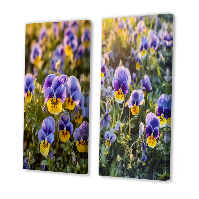 «Purple Yellow Natures Pansies», 2 pièces sur toile, Toile tendue, H 32 po x l 32 po