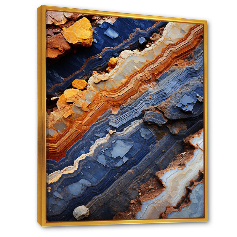Tourmaline bleue et orange - art mural pierre géode, Cadre flottant doré, H 32 po x l 24 po x P 1 po
