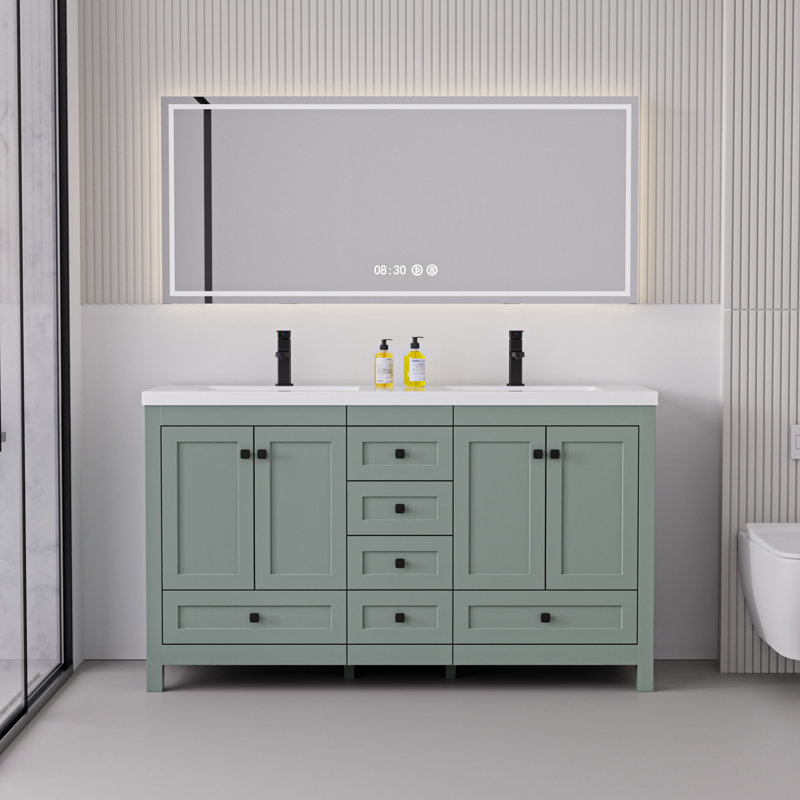  Wimer 60" Double Sink Bathroom Vanity With Resin Sink Top, Bathroom Sink Faucet and Pop up Drain, Hand Painted, EPA Certified, Assembly Required