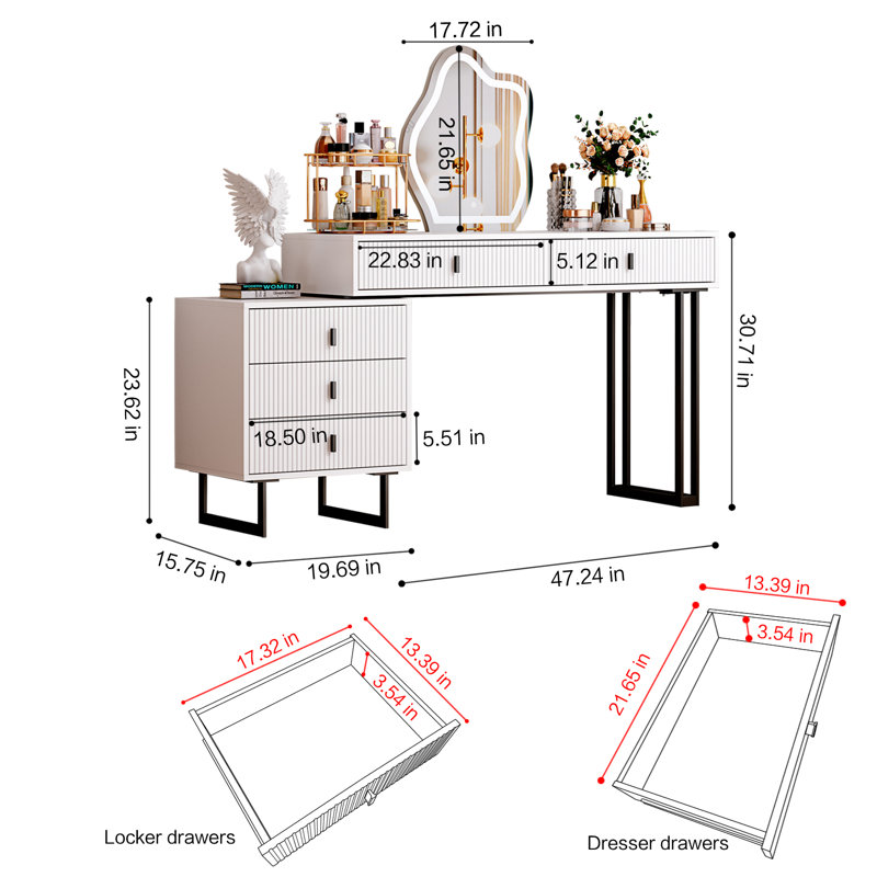 Large Vanity Desk with 3 Color Touch Screen Dimming Mirror, Retractable Makeup Dressing Table, White