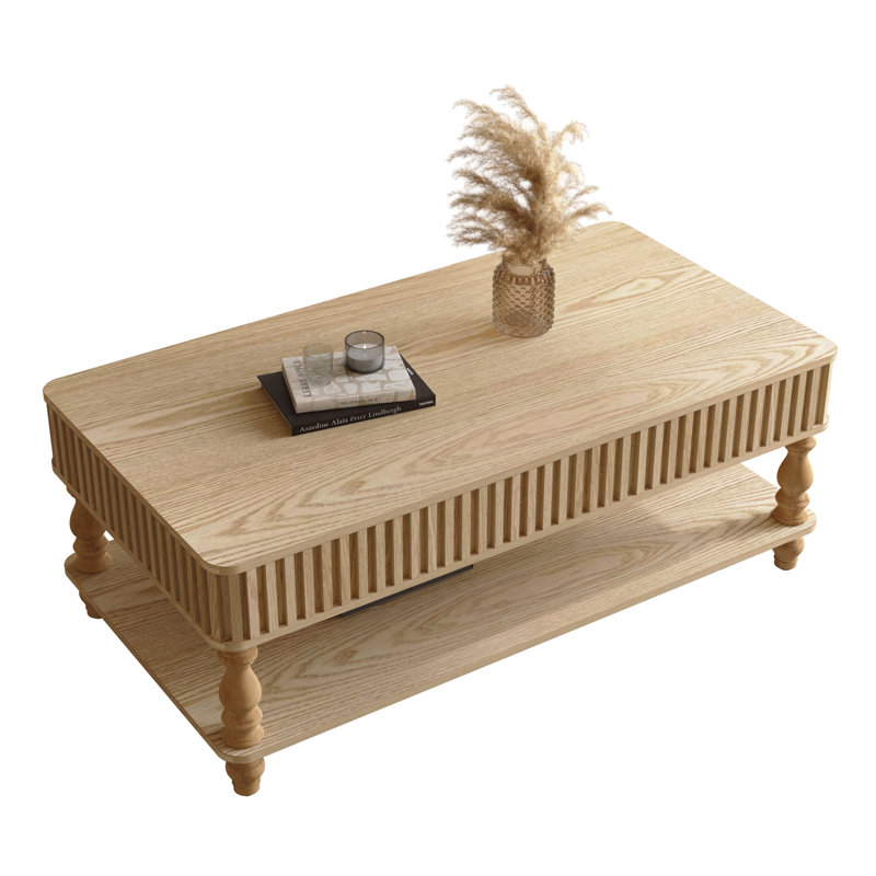 Table basse cannelée à plateau relevable de 47,24 po avec rangement caché avec pieds à colonnes romaines, bandes rectangulaires en bois massif faites à la main pour un petit appartement, conception à plateau relevable multifonctionnel