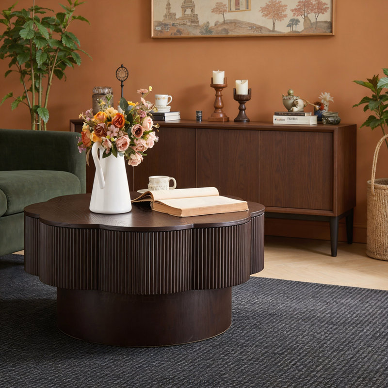 Table basse 31,50 "en forme de fleur avec rangement, placage en bois naturel, noir | Idée cadeau, Marron foncé
