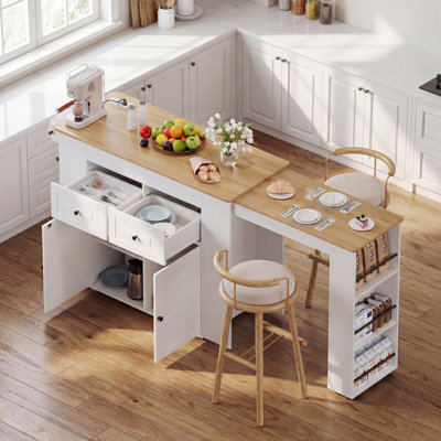 43.3"-68.6" Extendable Kitchen Island with Drawers, Cabinets, Open Shelves, Power Outlets and Lockable Casters, Modern Dining Table