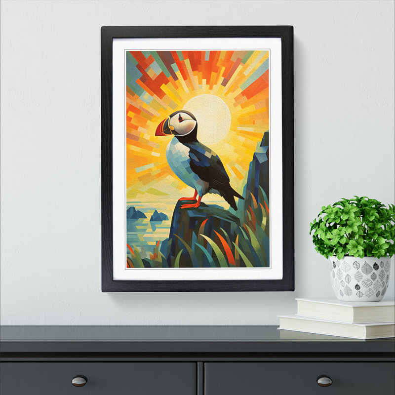 Puffin Deco No.2 - Single Picture Frame Print on Wood, Black Framed, 64cm H x 46cm W x 2cm D