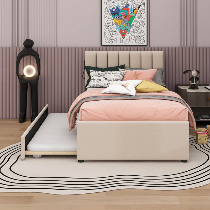 Lit plateforme tapissier simple avec lit gigogne Teddy, Beige