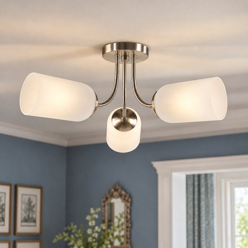 Plafonnier semi-encastré 3 lumières avec abat-jour cylindrique givré l 22 po à 3 lumières, Nickel