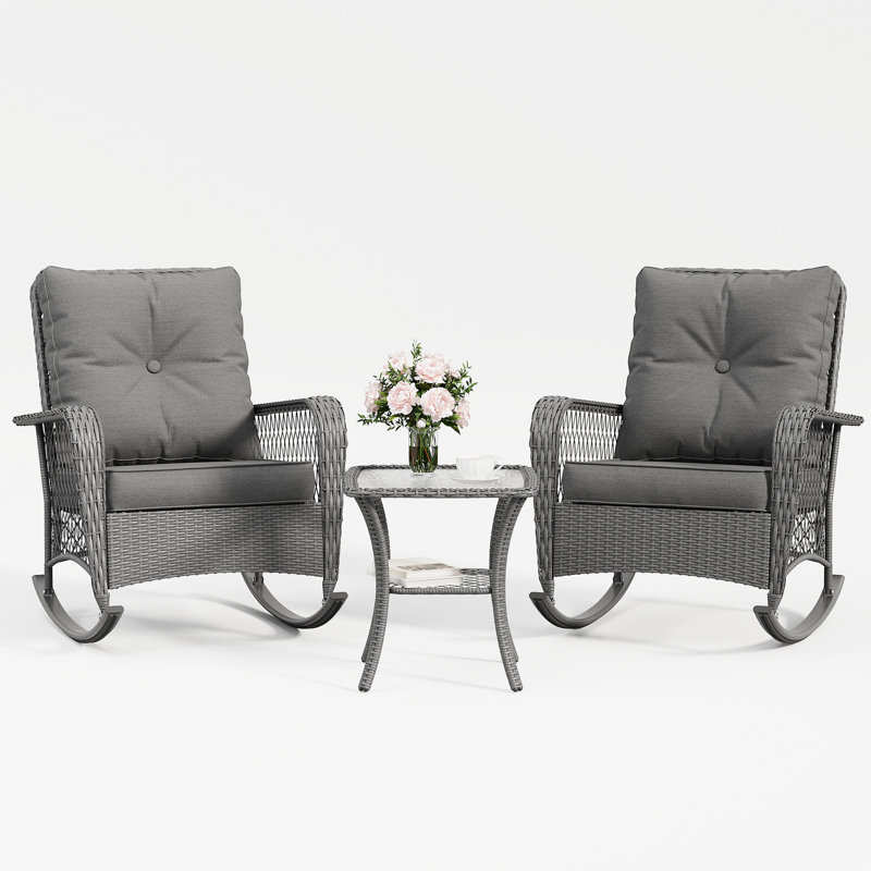 Outdoor 2-Person Oversize Rattan Wicker Rocking Chair with Side Table and Cushions, Dark Gray/Gray