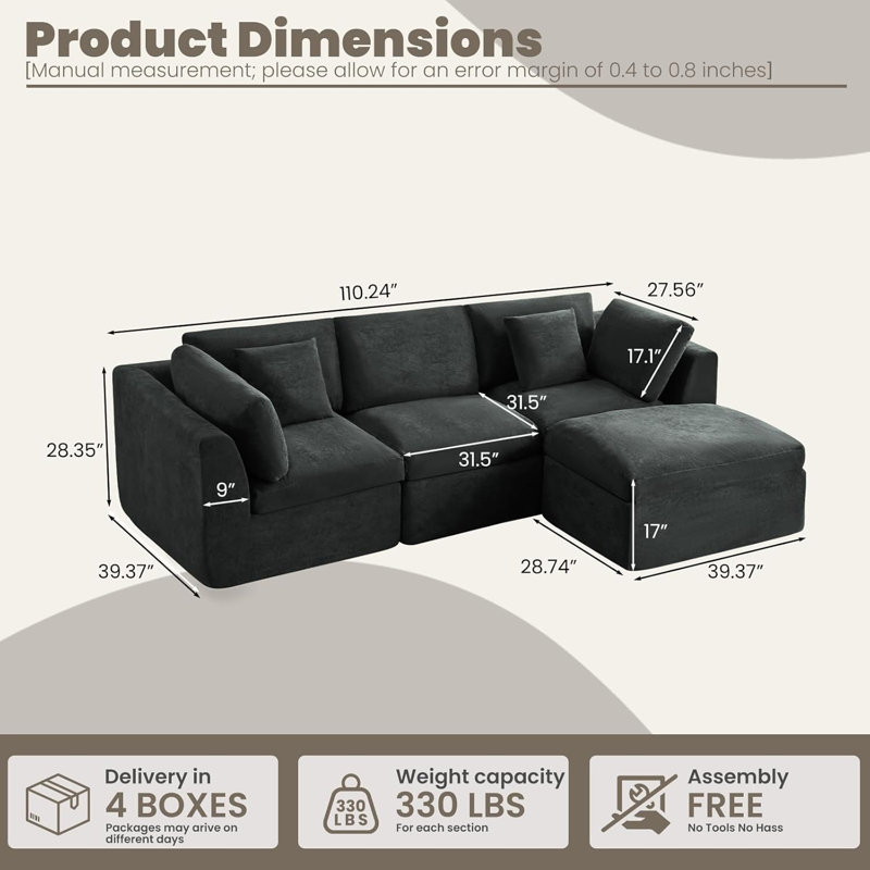 Canapé modulaire désossé 110 po Comfy Cloud, Mélange de polyester gris / lin