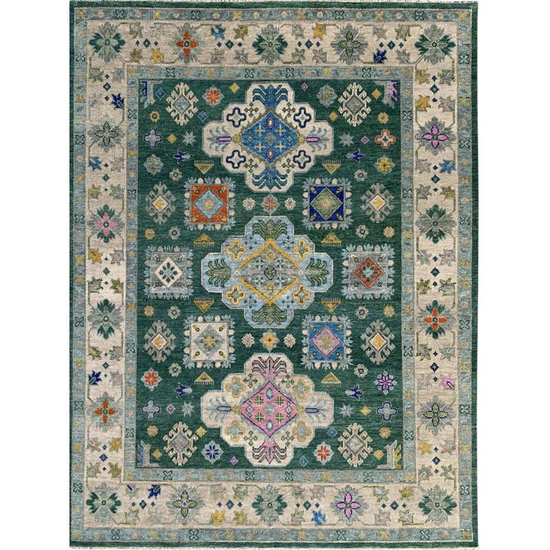 Tapis vert traditionnel en laine noué à la main avec médaillon classique et moderne vert, 8 pi x 10 pi