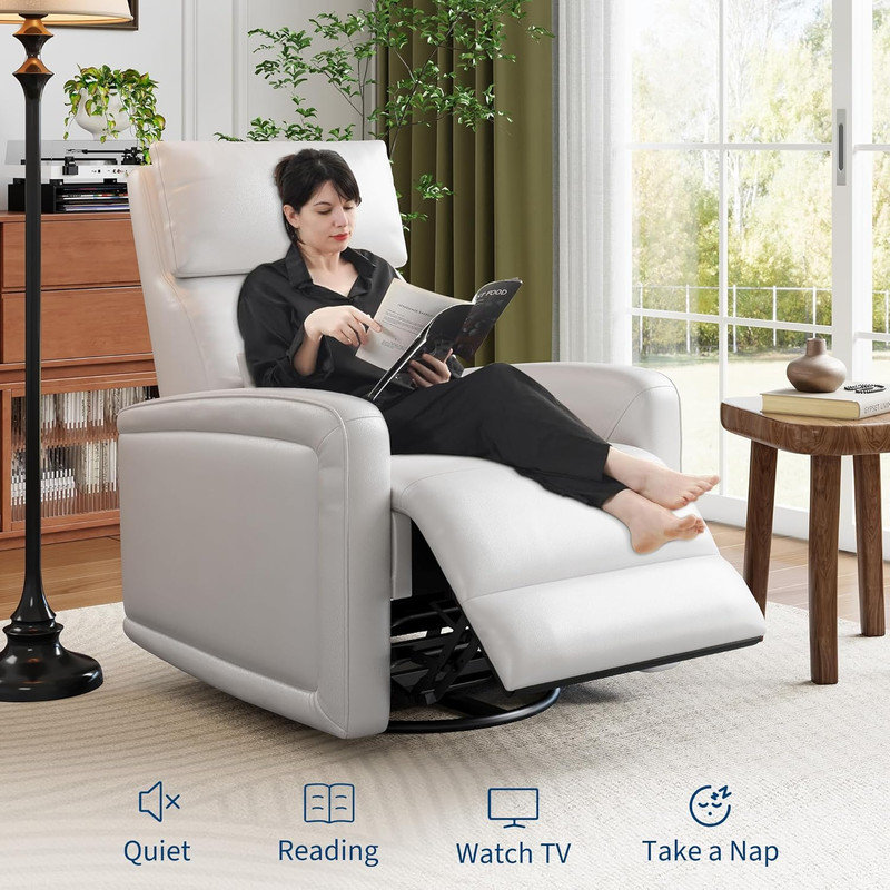 360° Swivel Manual Recliner Chair, Faux Leather Wingback Armchair with Adjustable Backrest, White