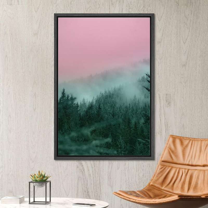 «Duotone Pink Green Mountain» sur toile, H 24 po x l 16 po, Cadre flottant noir
