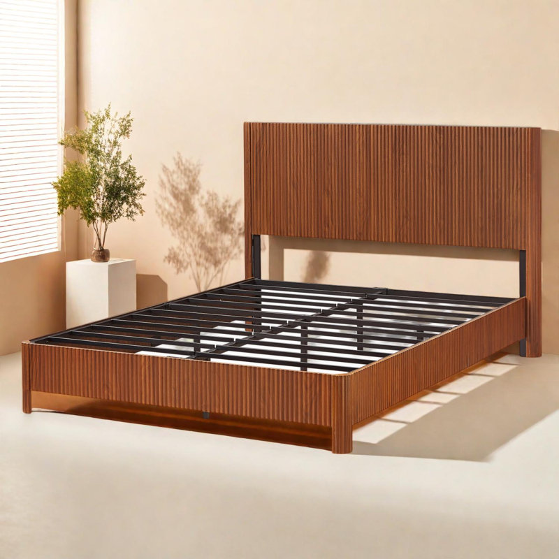 Structure de lit pour grand lit en bois avec lignes ondulées, aucun sommier nécessaire, Noyer