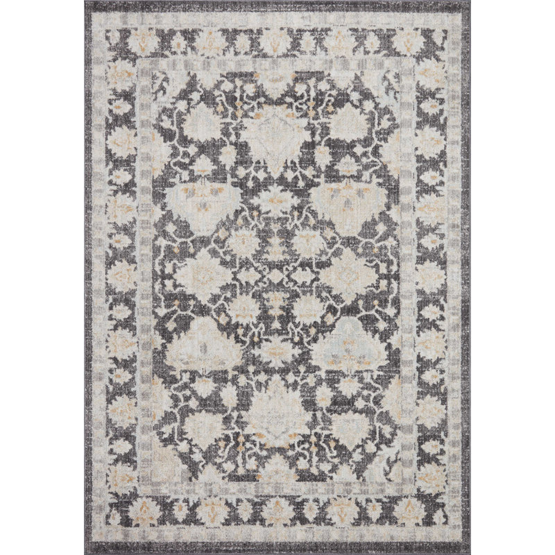 Tapis oriental en polypropylène tissé à la machine en noir anthracite / gris, Rectangle 2 pi 6 po x 4 pi