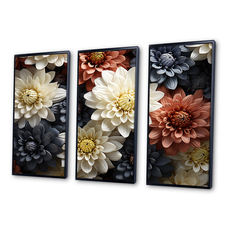 «Mums In Stormy Grey Tones I», ensemble de reproductions d'art mural, Cadre flottant noir, H 28 po x l 36 po x P 1 po